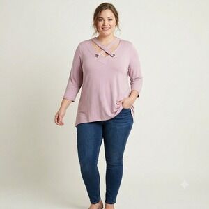 Womens Plus Size 1X Tunic Pink Crisscross Grommet V-Neck Top Cable & Gauge NEW
